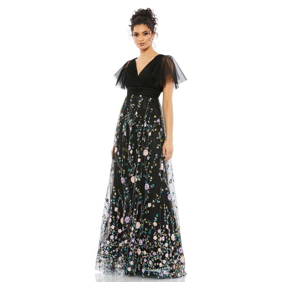 Mac Duggal Dresses & Skirts - Mac Duggal Embroidered Illusion Butterfly Sleeve V-Neck Gown Black Size 10 NWT